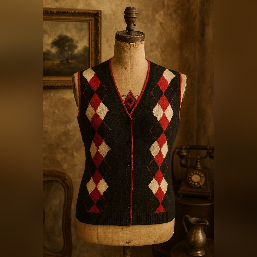 Vintage Argyle Button-Up Sweater Vest – Black/Red/Cream – Sleeveless